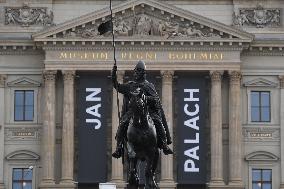 50th anniversary of Palach's death, National Museum, black flags, name, Jan Palach