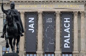 50th anniversary of Palach's death, National Museum, black flags, name, Jan Palach