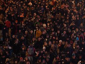 March in Prague paying respect to Palach's death in 1969, Old Town Square