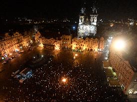 March in Prague paying respect to Palach's death in 1969, Old Town Square