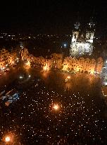 March in Prague paying respect to Palach's death in 1969, Old Town Square