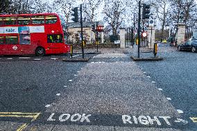 Double-decker bus, pedestrian crossing, crosswalk, look right