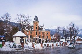 Schladming city hall and city municipal office, winter, snow