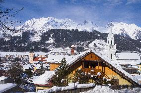 Catholic Parish Church of Saint Agathius, Evangelical Church, Schladming, winter, snow