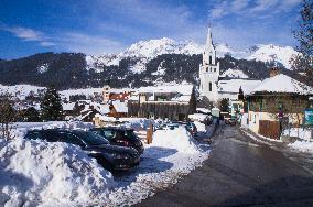Catholic Parish Church of Saint Agathius, Evangelical Church, Schladming, winter, snow