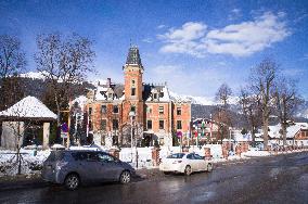 Schladming city hall and city municipal office, winter, snow