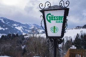 Stein an der Enns municipality, winter, snow, view on River Enns valley, Gosser beer logo on a lantern