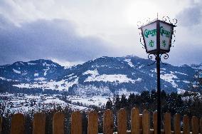Stein an der Enns municipality, winter, snow, view on River Enns valley, Gosser beer logo on a lantern