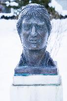 bust of Josef Sepp Walcher, winter, snow