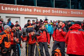 joint exercise of Czech and Polish firefighters on chairlift to Snezka Mountain in the Giant Mountains (Krkonose)