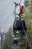 joint exercise of Czech and Polish firefighters on chairlift to Snezka Mountain in the Giant Mountains (Krkonose)