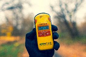 Chernobyl zone, restricted territory, village Krasne, Geiger counters