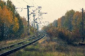 Chernobyl zone, restricted territory, Zymovyshche village, railway