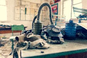 Chernobyl zone, restricted territory, village Masheva, gas mask, school