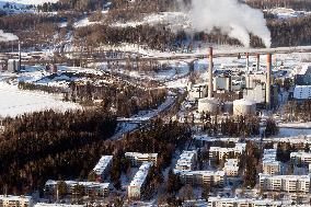 landscape, Finland, snow, factory, chimneys, smoke