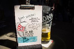 Nastro Azzurro beer, glass, half litre, Peroni Brewery, beer mat, SAY NO TO PLASTIC STRAWS! ca