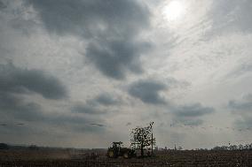 dry soil in the fields, farmer, farming, tractor