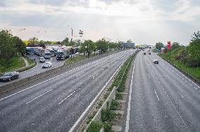 accident, closed D1 motorway, highway, traffic jam, motorcade