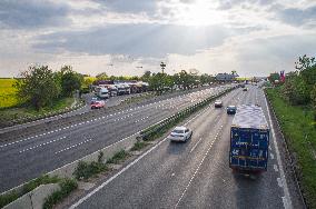 accident, closed D1 motorway, highway, traffic jam, motorcade