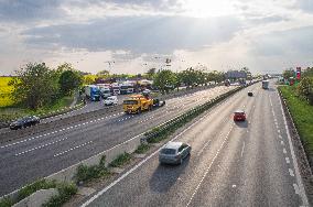 accident, closed D1 motorway, highway, traffic jam, motorcade