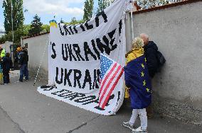 Protest against ride of Night Wolves in Prague, BANNER CRIMEA IS UKRAINE and UKRAINE is EUROPE
