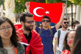 Flag Parade to celebrate the 15th anniversary of Pardubice's Erasmus Student Network (ESN), foreign students, march, Turkey, Turkish flag, student