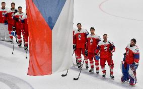 Czech players listen the national anthem, Patrik Bartosak