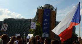 Czech expatriates in Belgium protest to support Czech demonstrations against PM Andrej Babis, Czech flag