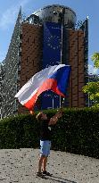 protest to support Czech demonstrations against PM Andrej Babis in Belgium, Czech flag