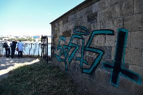 sprayed pillar of Prague's historical Charles Bridge