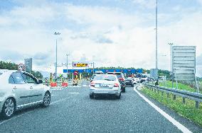 A1 motorway, highway, Zagreb/Demerje, sign Cestarina, BANK CARD, NO CASH, Pay Toll, Autobah