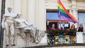 The Prague City Hall , rainbow flag, Prague Pride festival