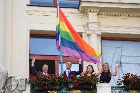 The Prague City Hall , rainbow flag, Prague Pride festival