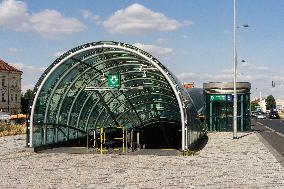 Entrance to the vestibule of metro station Hradcanska, entrance, Prague, metro