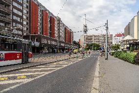 Taboritska street and tram station Olsanske square, Prague
