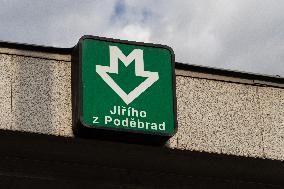 Entrance to the metro station Jiriho z Podebrad, Prague, Vinohrady, information, graphic, system, line A, tube metro, sign
