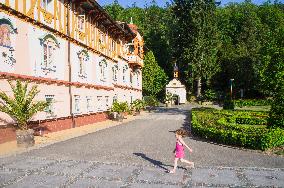 Hotel Jurkovicuv dum and Chapel of St. Elizabeth on Spa Square, Luhacovice Spa