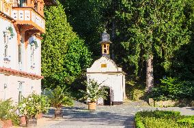 Hotel Jurkovicuv dum and Chapel of St. Elizabeth on Spa Square, Luhacovice Spa
