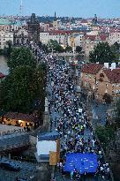 March to Hradcanske Square, demonstration, Million Moments for Democracy, Charles Bridge, EU flag