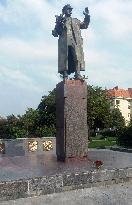 several people partially cleaned the statue of Soviet Marshal Ivan Konev