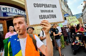 protest against tree felling in Amazon rain forests outside Embassy of Brazil in Prague