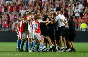 Soccer players of Slavia Prague, celebrate a victory, Champions League