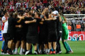 Soccer players of Slavia Prague, celebrate a victory, Champions League, Giedrius Arlauskis