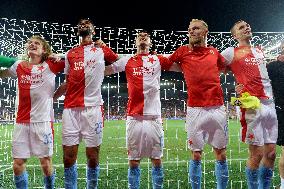 Soccer players of Slavia Prague, celebrate a victory, Champions League