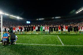 Soccer players of Slavia Prague, celebrate a victory, Champions League
