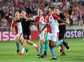 Soccer players of Slavia Prague, celebrate a victory, Champions League