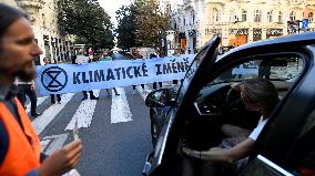 Extinction Rebellion movement are blocking Parizska Street in Prague