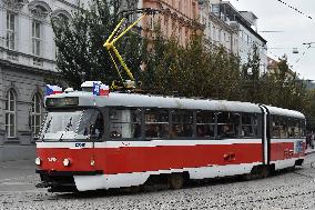 The Falcon flag at the public transport tram in Brno