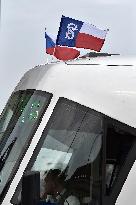 The Falcon flag at the public transport tram in Brno