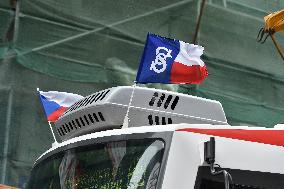 The Falcon flag at the public transport tram in Brno